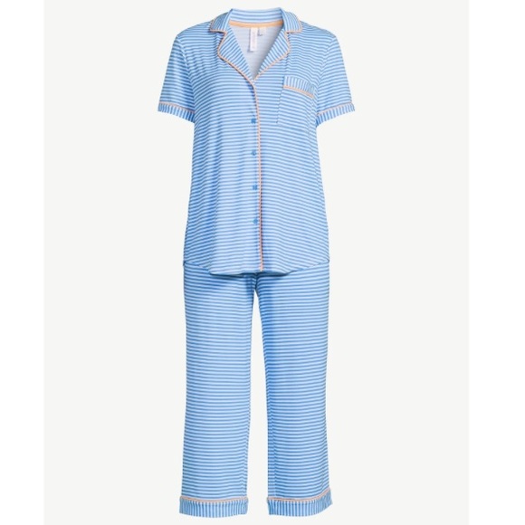 Joyspun Notch Collar Capri Blue and White Stripe Sleep Set with Contrast Piping - Picture 1 of 12